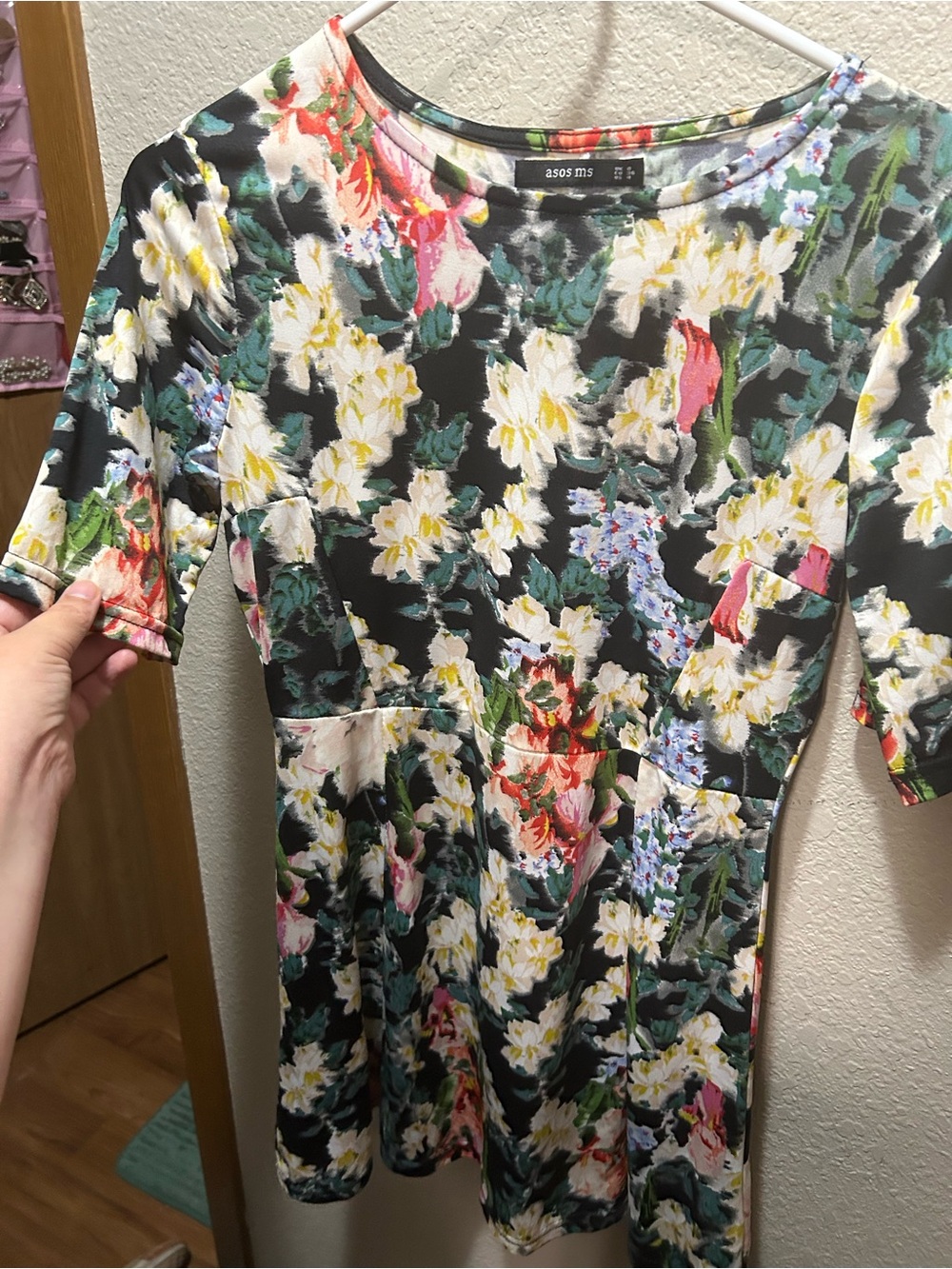ASOS Black Floral Mini Dress with White, Green & Pink Accents
